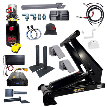 Prime Force hydraulic lift kit with pump, cylinder, mounting brackets, solar panel, controller, hoses, and hardware.