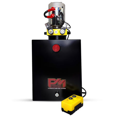 Primary Mover 12V Double-Acting Hydraulic Pump - Steel Reservoir, featuring a yellow and black device with buttons, red and black cable, black box with logo.