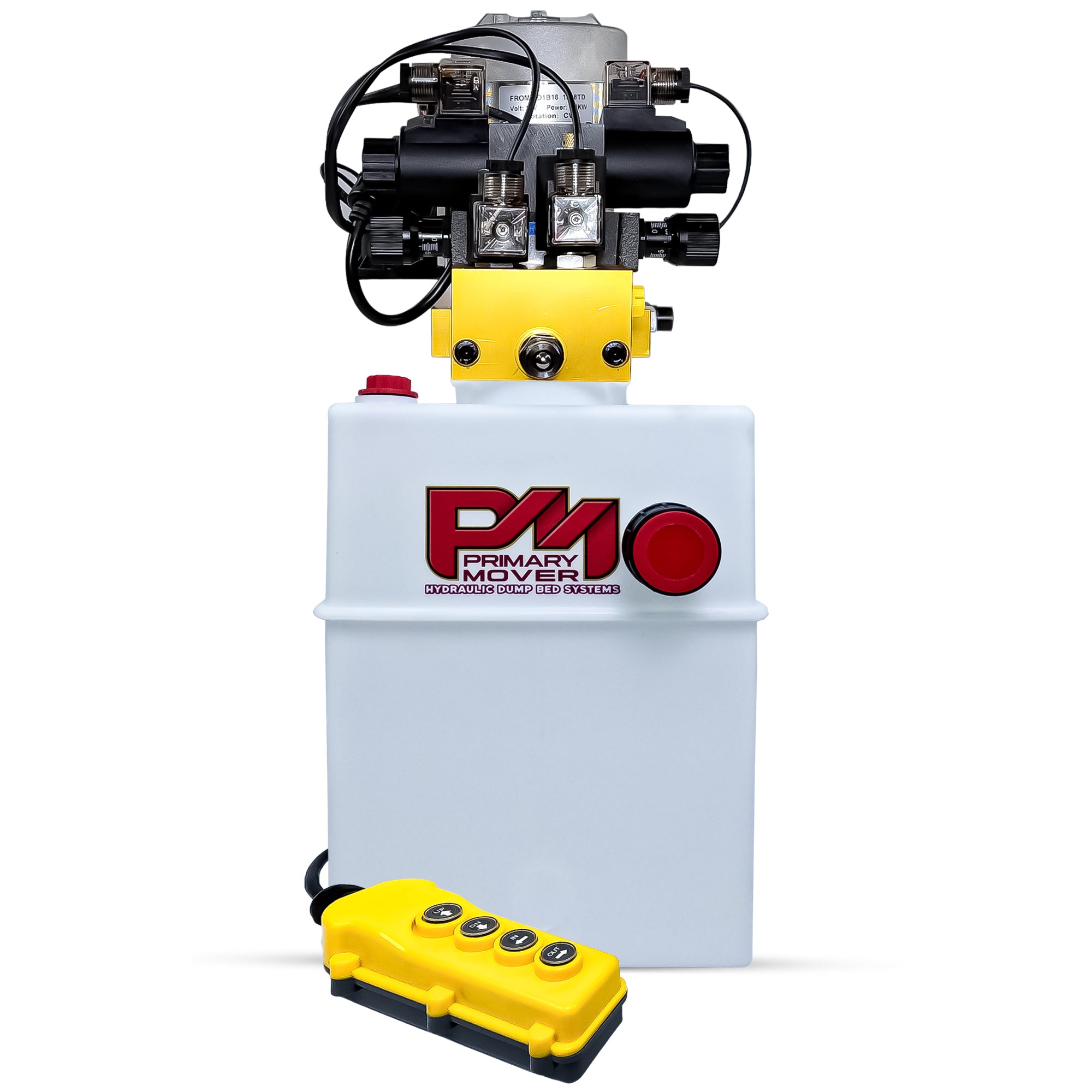 Primary Mover 12Vdc Single Double Pump: White unit with yellow accents, featuring hydraulic connections for telescopic dump trailers, optimized for heavy-duty applications.