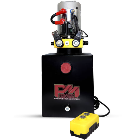Primary Mover 12V Double-Acting Hydraulic Pump with steel reservoir, featuring dual-acting functionality, visible valves, and a compact, durable design ideal for dump bed systems.