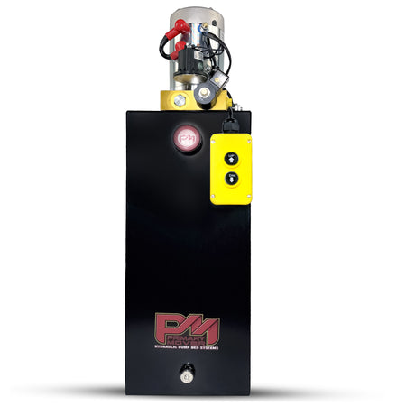 Primary Mover 12V Single-Acting Hydraulic Pump with steel reservoir, featuring a yellow control button and compact design for efficient power-up/gravity-down operation.