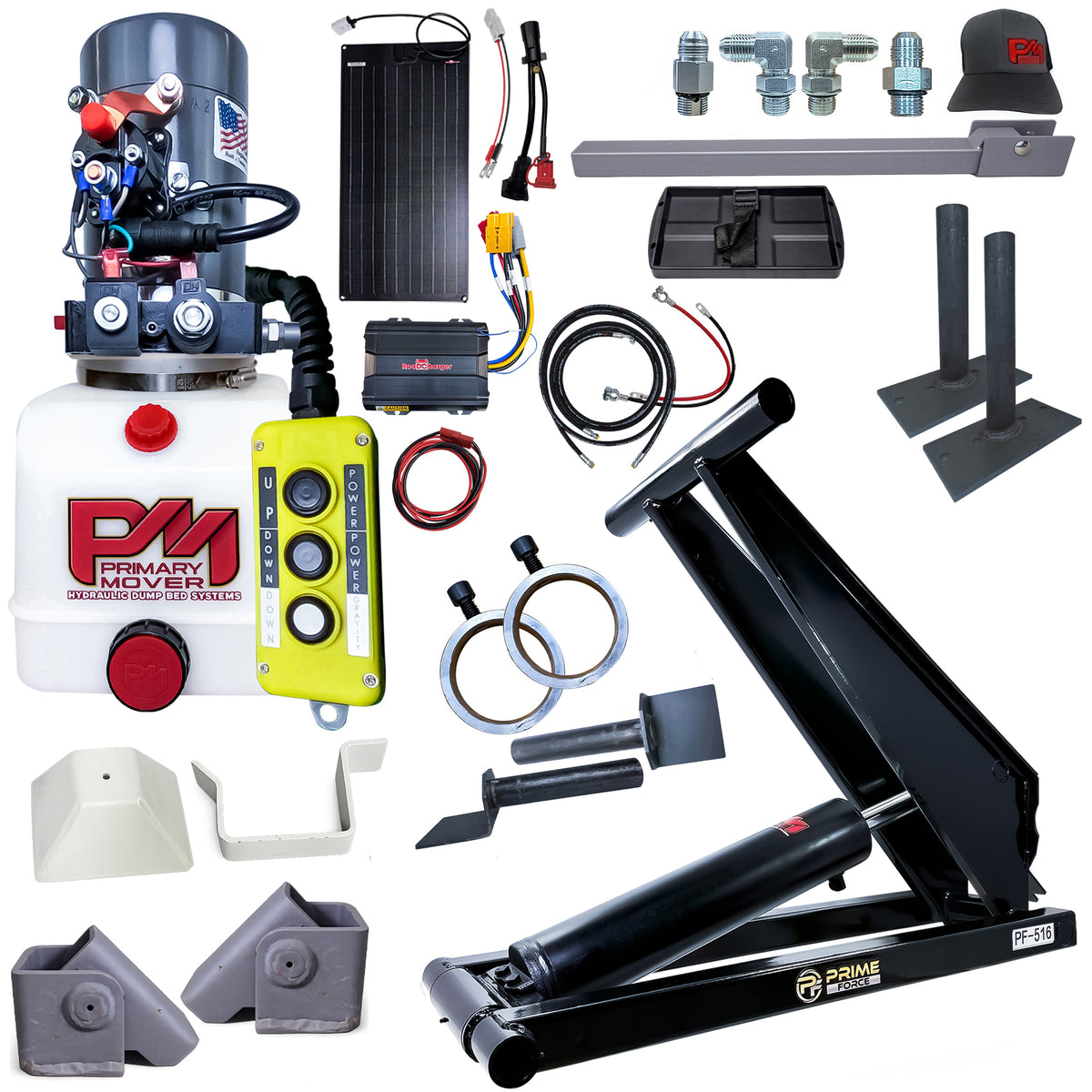 Hydraulic dump bed kit with a reservoir, remote, scissor lift mechanism, solar panel, fittings, and mounting brackets.