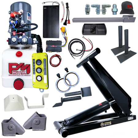 Hydraulic dump bed kit with a reservoir, remote, scissor lift mechanism, solar panel, fittings, and mounting brackets.