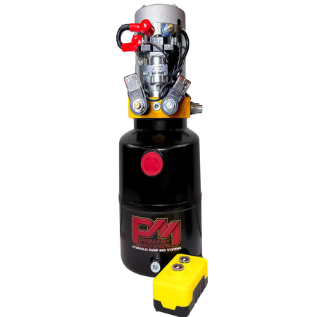 Primary Mover 12V Hydraulic Power Unit

Compact 12V hydraulic power unit with black steel reservoir, 3 HP motor, solenoid, and 15-foot remote for dump beds.