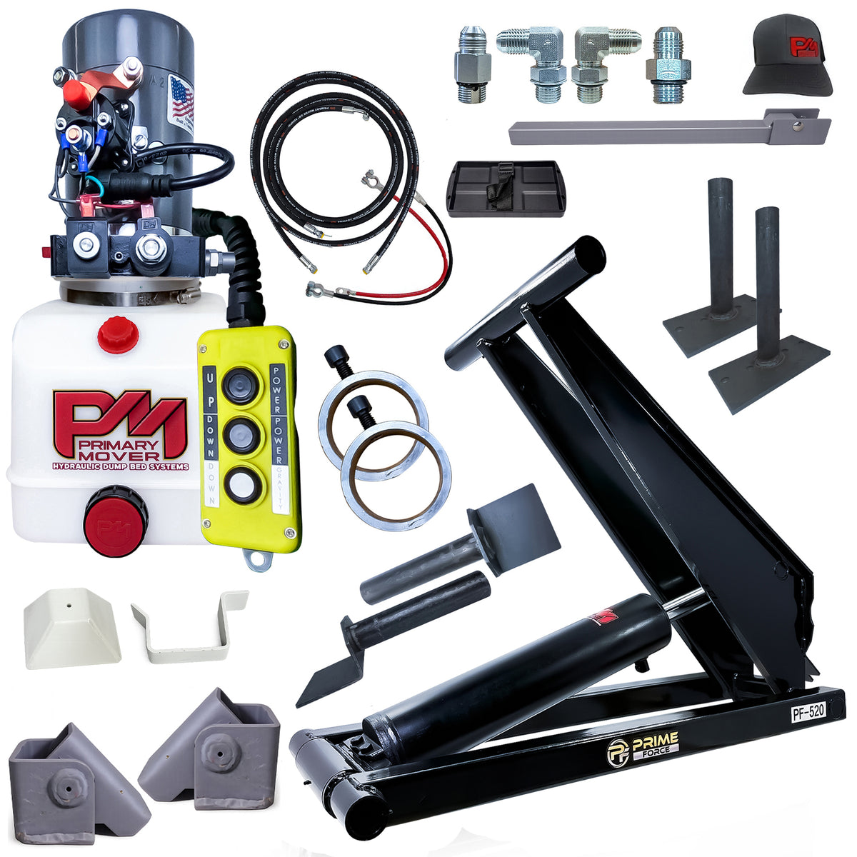 Hydraulic dump bed kit including a pump unit, controller, lift cylinder, hoses, mounting brackets, fittings, and a hat.