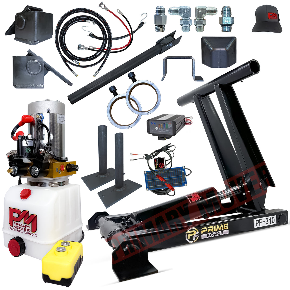 3 Ton Hydraulic Scissor Hoist Kit - PF-310, showcasing close-ups of key components like the cylinder, mounting brackets, and hydraulic pump, designed for tight trailer installations.