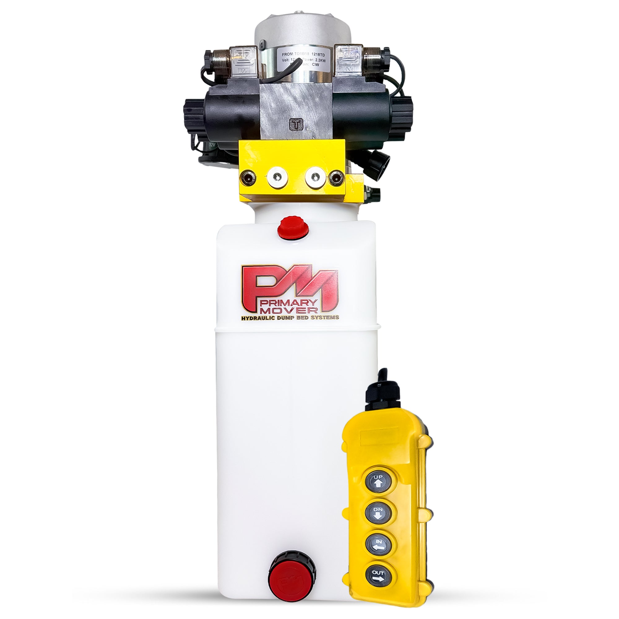 Primary Mover 12V Dual Double-Acting Hydraulic Dump Trailer Pump, compact unit for versatile hydraulic tasks in dump trailers and trucks, showcasing robust design and efficient controls.