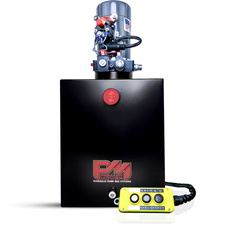 KTI 12V Double-Acting Hydraulic Pump - Steel Reservoir, featuring close-up logo details and yellow cable, designed for efficient hydraulic dump bed operation.