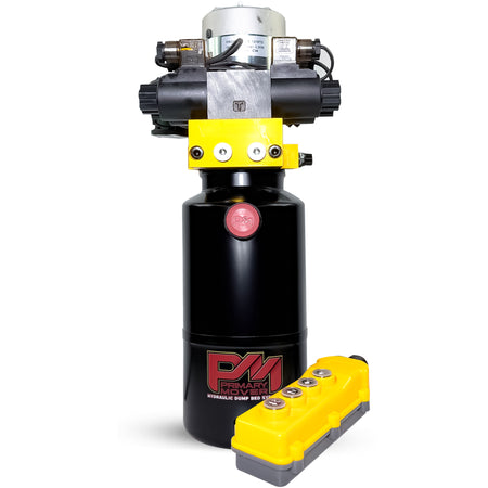 Primary Mover 12V Dual Double-Acting Hydraulic Dump Trailer Pump (Steel) for versatile hydraulic operations in dump trailers and trucks, featuring compact, robust, and efficient design.