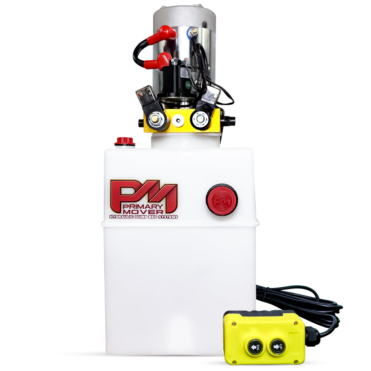 Primary Mover 12V Double-Acting Hydraulic Pump - Poly Reservoir, featuring red buttons, yellow switch, and precision-engineered for efficient hydraulic dump bed systems.