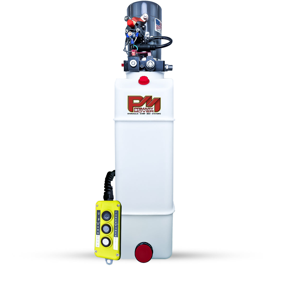 KTI 12V Double-Acting Hydraulic Pump - Poly Reservoir

Self-contained hydraulic unit with electric motor, valve assembly, and yellow pendant control on white tank for efficient heavy-duty lifting.