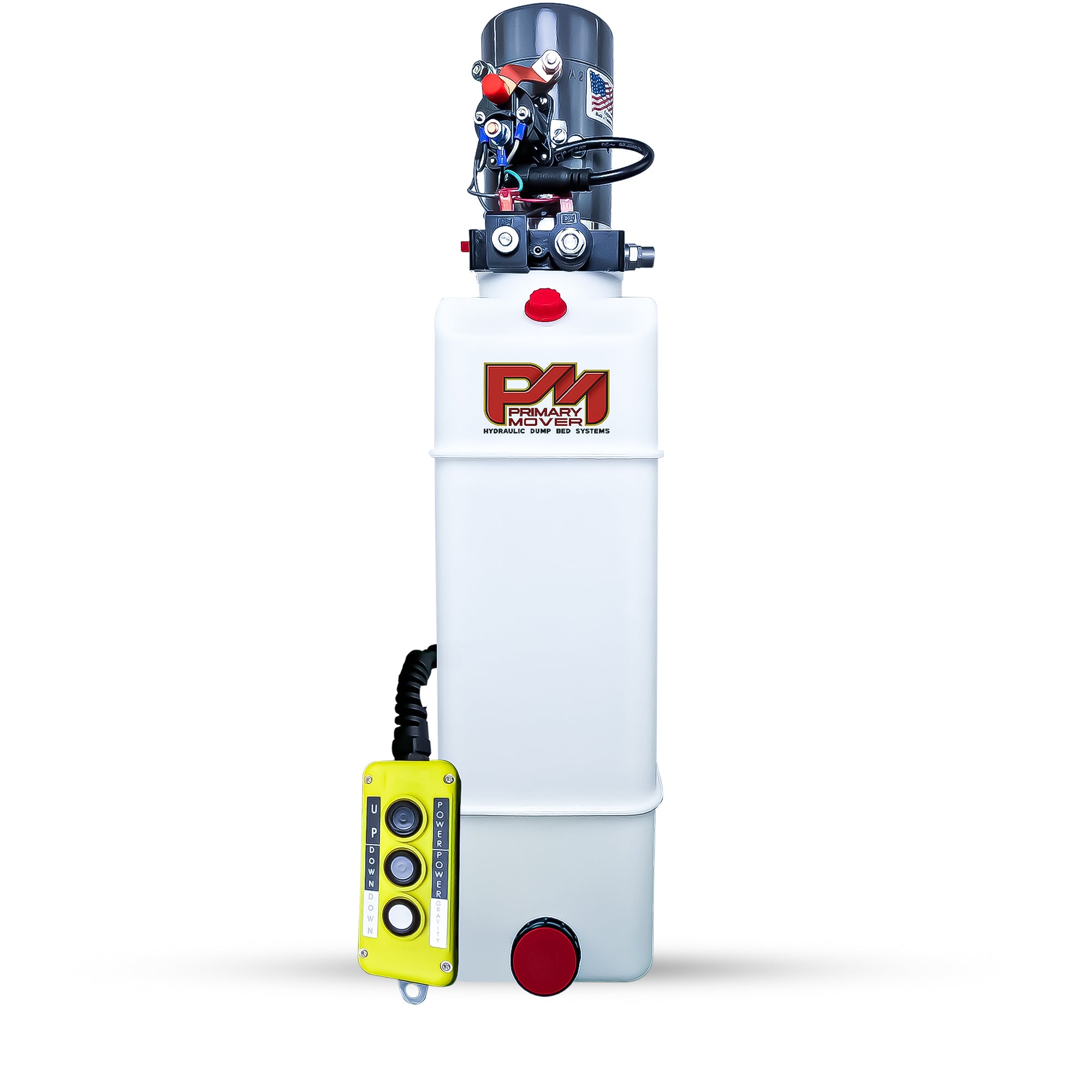 KTI 12V Double-Acting Hydraulic Pump - Poly Reservoir

Self-contained hydraulic unit with electric motor, valve assembly, and yellow pendant control on white tank for efficient heavy-duty lifting.
