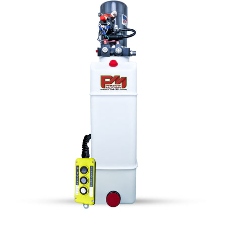 KTI 12V Double-Acting Hydraulic Pump - Poly Reservoir

Self-contained hydraulic unit with electric motor, valve assembly, and yellow pendant control on white tank for efficient heavy-duty lifting.