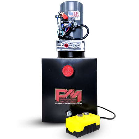 KTI 12V Single-Acting Hydraulic Pump with steel reservoir, featuring a close-up of its black cable and machine components, highlighting its performance for dump bed systems.