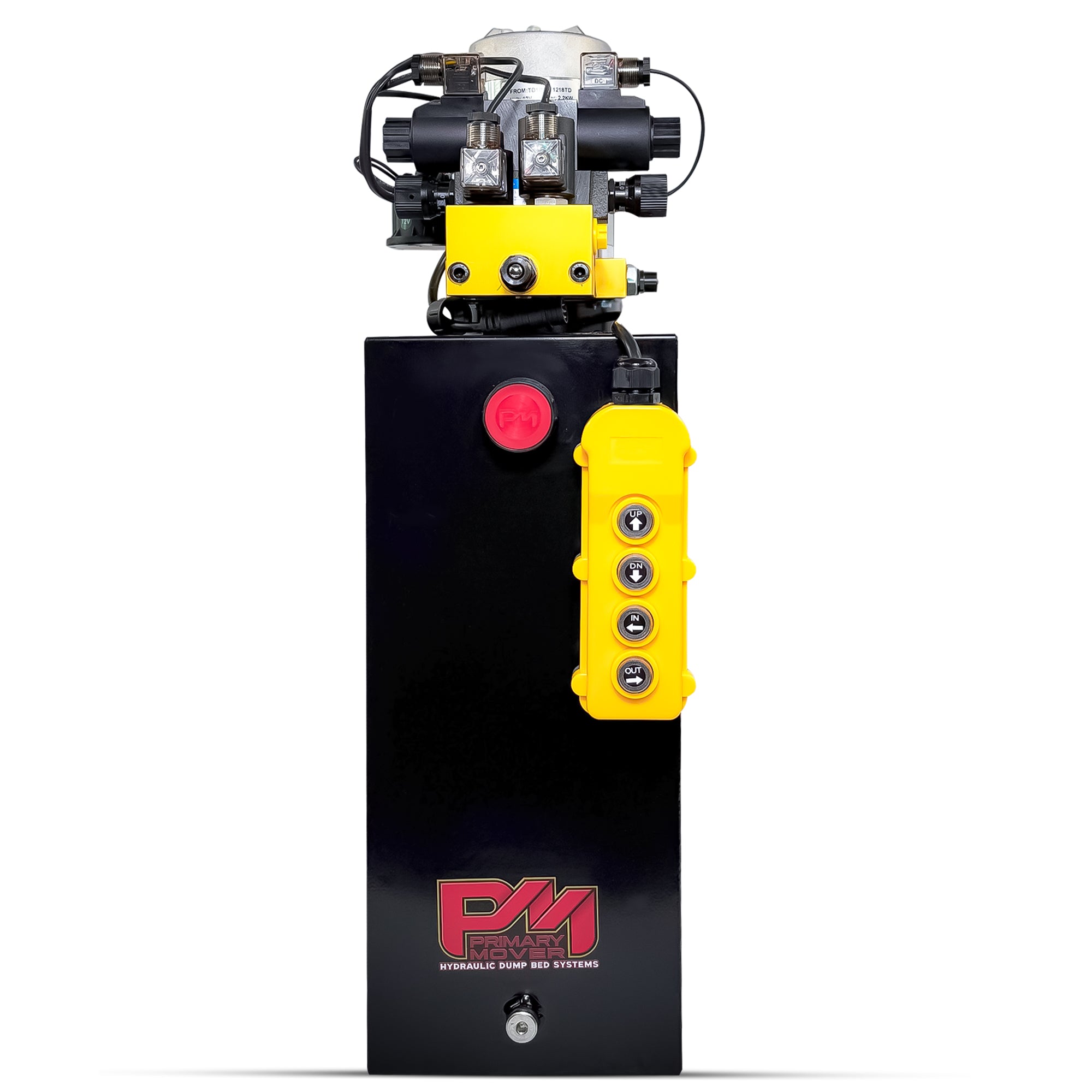 Primary Mover 12Vdc Single Double Pump, close-up showing control buttons and hydraulic connections for telescopic dump trailers and jacks, emphasizing dual circuit functionality.