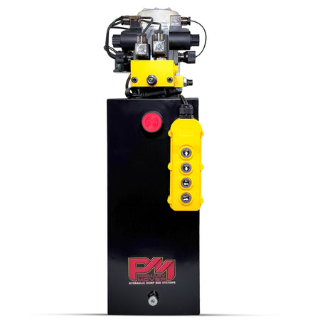 Primary Mover 12Vdc Single Double Pump, close-up showing control buttons and hydraulic connections for telescopic dump trailers and jacks, emphasizing dual circuit functionality.