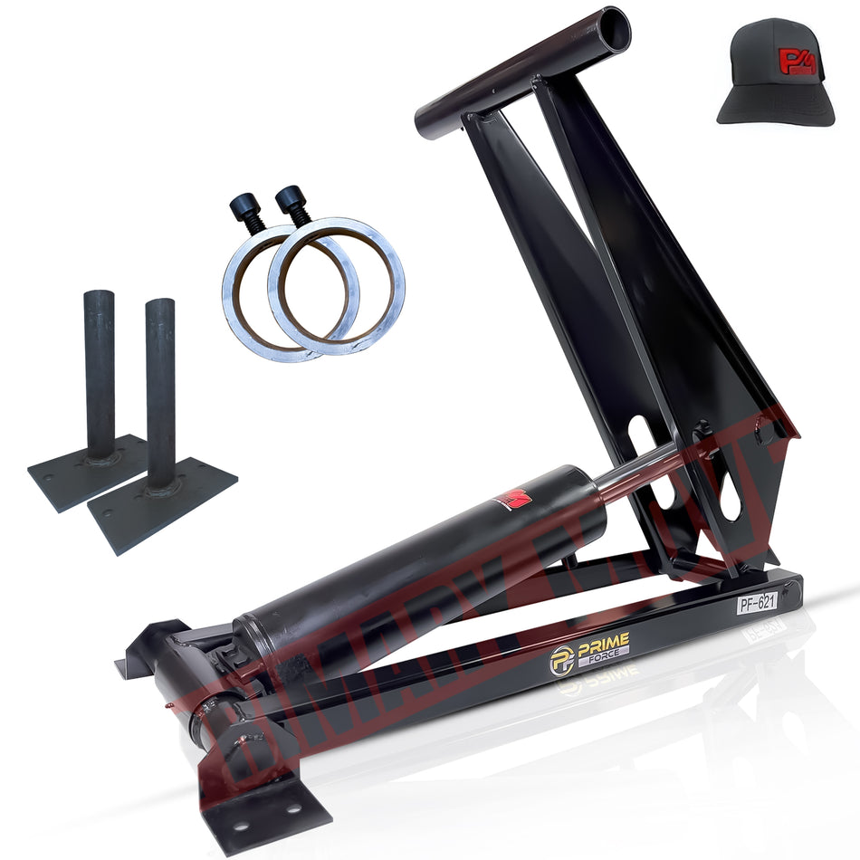 Close-up of the 12 Ton Hydraulic Scissor Hoist Kit PF-621-6, showcasing the robust 6.5 cylinder, HD hinges, and mounting brackets for 16-18' dump bodies.