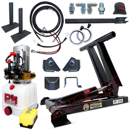 Title: 3 Ton Hydraulic Scissor Hoist Kit - PF-310

Alt Text: PF-310 kit includes hydraulic pump, scissor lift cylinder, hoses, remote control, and mounting brackets for converting a truck bed to a dump bed.

Meta Description: Discover the PF-310 3 Ton Hydraulic Scissor Hoist Kit, designed for 8-10' dump bodies. Ideal for compact installations, offering durability and reliable lifting capabilities.