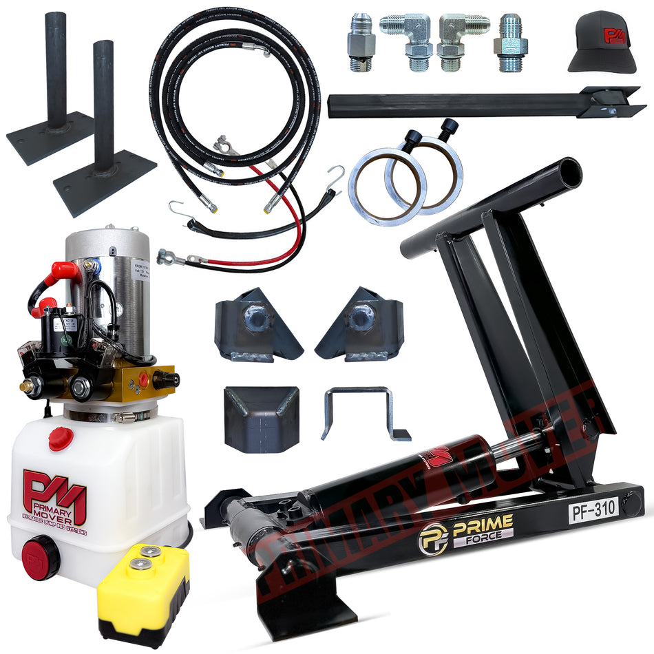 Title: 3 Ton Hydraulic Scissor Hoist Kit - PF-310

Alt Text: PF-310 kit includes hydraulic pump, scissor lift cylinder, hoses, remote control, and mounting brackets for converting a truck bed to a dump bed.

Meta Description: Discover the PF-310 3 Ton Hydraulic Scissor Hoist Kit, designed for 8-10' dump bodies. Ideal for compact installations, offering durability and reliable lifting capabilities.