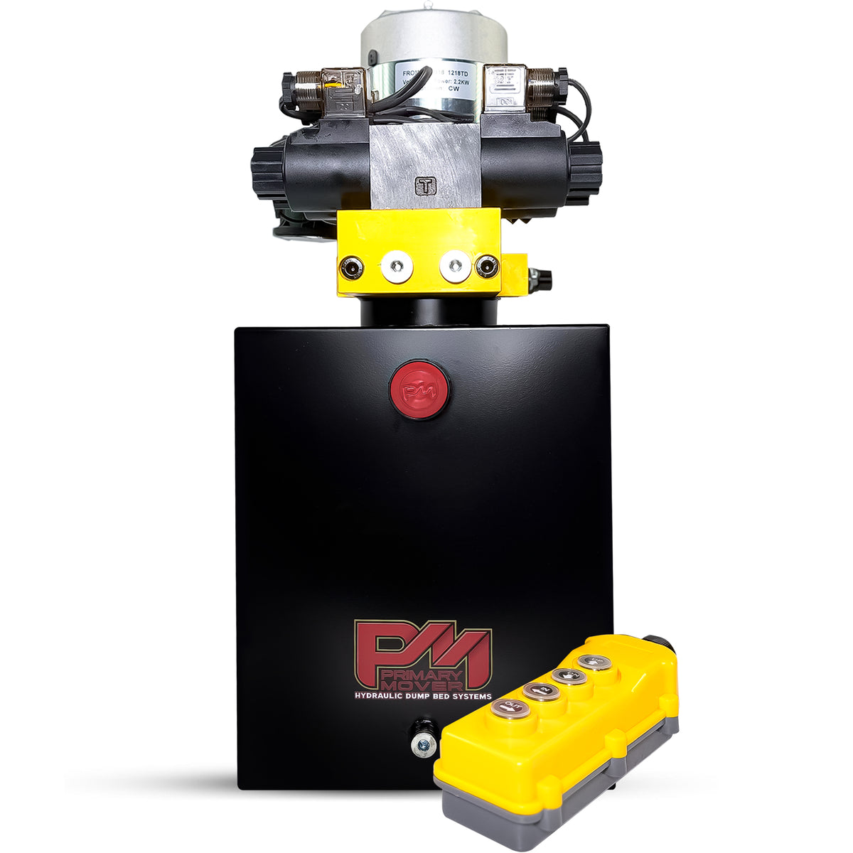 Primary Mover 12V Dual Double-Acting Hydraulic Dump Trailer Pump, compact and robust, designed for efficient hydraulic lifts in trailers and trucks.