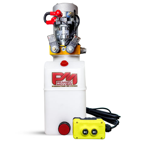 **Title:** Primary Mover 12V Hydraulic Power Unit - 3 HP Motor, Poly Tank

**Alt Text:** Primary Mover 12V hydraulic power unit with motor, solenoid, poly tank, and pendant control for dump beds and lift systems. Ready to install.