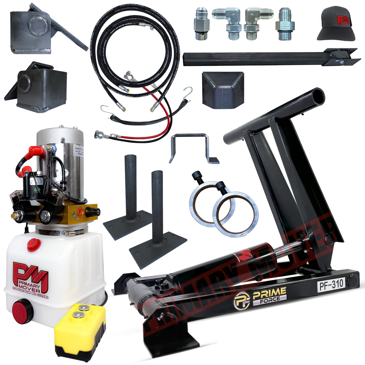 3 Ton Hydraulic Scissor Hoist Kit - PF-310, featuring a robust cylinder design and compact fit, perfect for 8-10' dump bodies and tight installations.