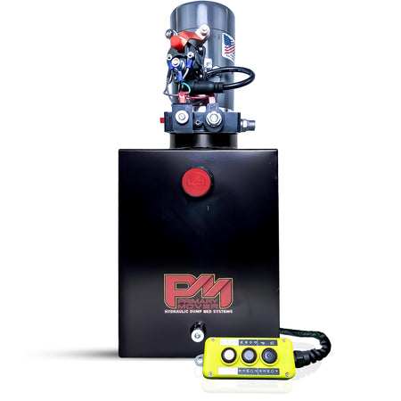 KTI 12V Double-Acting Hydraulic Pump - Steel Reservoir, featuring dual-action capability, powerful performance, compact design, and a logo, ideal for hydraulic dump bed systems.