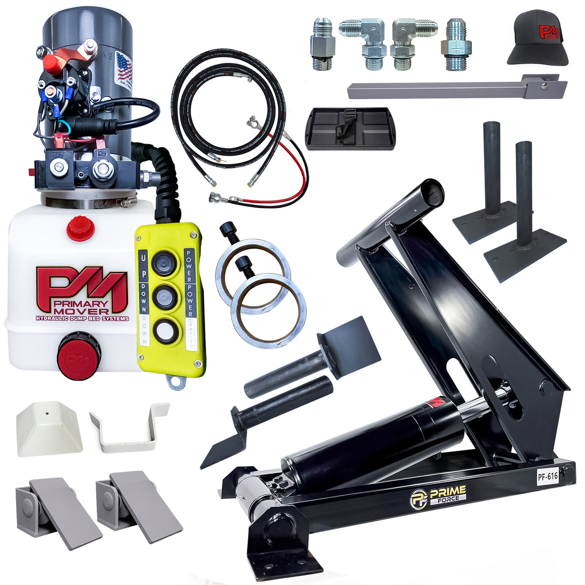 Hydraulic dump bed kit featuring a power unit, lift cylinder, remote control, hoses, fittings, and mounting hardware.
