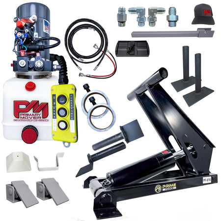 Hydraulic dump bed kit featuring a power unit, lift cylinder, remote control, hoses, fittings, and mounting hardware.