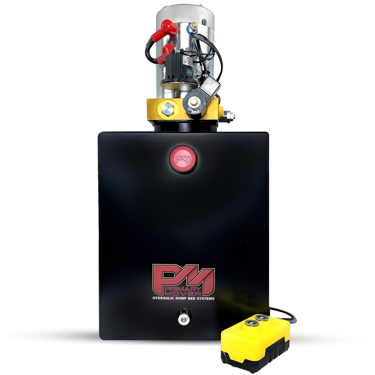 Primary Mover 12V Single-Acting Hydraulic Pump with steel reservoir, featuring a yellow and black device, buttons, and red elements for powerful hydraulic operations.