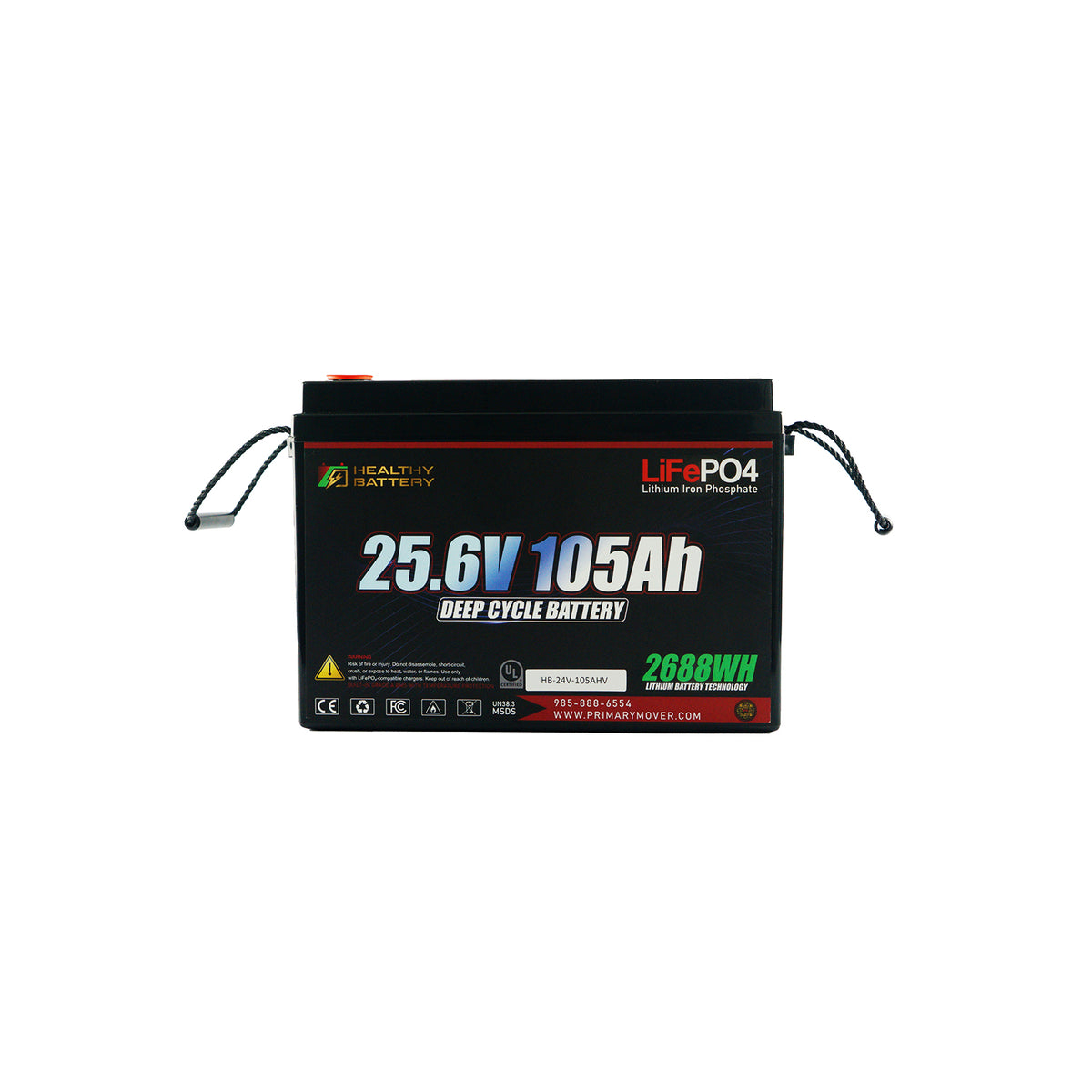 **Title:** Healthy Battery 25.6V 105Ah LiFePO4 Deep Cycle Battery

**Meta Description:** Efficient 2688Wh battery with built-in BMS and Bluetooth app. Ideal for heavy-duty hydraulic systems, offering safety and durability with LiFePO4 technology.

Rectangular LiFePO4 battery labeled 25.6V 105Ah Deep Cycle with carrying straps and certification icons.