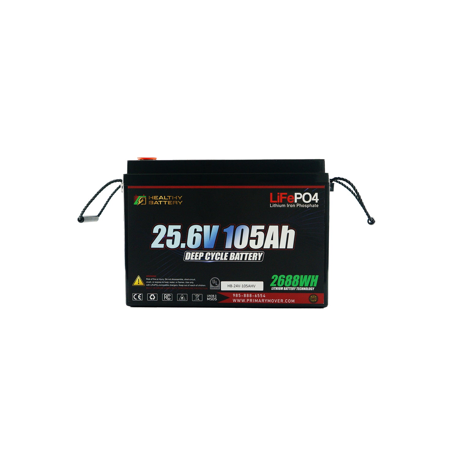 **Title:** Healthy Battery 25.6V 105Ah LiFePO4 Deep Cycle Battery

**Meta Description:** Efficient 2688Wh battery with built-in BMS and Bluetooth app. Ideal for heavy-duty hydraulic systems, offering safety and durability with LiFePO4 technology.

Rectangular LiFePO4 battery labeled 25.6V 105Ah Deep Cycle with carrying straps and certification icons.