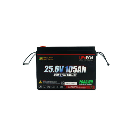**Title:** Healthy Battery 25.6V 105Ah LiFePO4 Deep Cycle Battery

**Meta Description:** Efficient 2688Wh battery with built-in BMS and Bluetooth app. Ideal for heavy-duty hydraulic systems, offering safety and durability with LiFePO4 technology.

Rectangular LiFePO4 battery labeled 25.6V 105Ah Deep Cycle with carrying straps and certification icons.