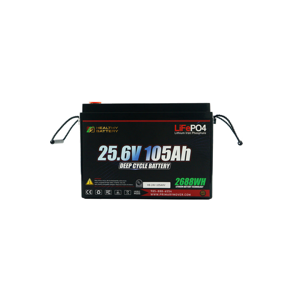 **Title:** Healthy Battery 25.6V 105Ah LiFePO4 Deep Cycle Battery

**Meta Description:** Efficient 2688Wh battery with built-in BMS and Bluetooth app. Ideal for heavy-duty hydraulic systems, offering safety and durability with LiFePO4 technology.

Rectangular LiFePO4 battery labeled 25.6V 105Ah Deep Cycle with carrying straps and certification icons.