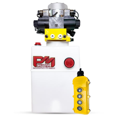 Primary Mover 12V Dual Double-Acting Hydraulic Dump Trailer Pump (Poly), compact and robust, designed for simultaneous four-action hydraulic tasks in trailers and trucks.