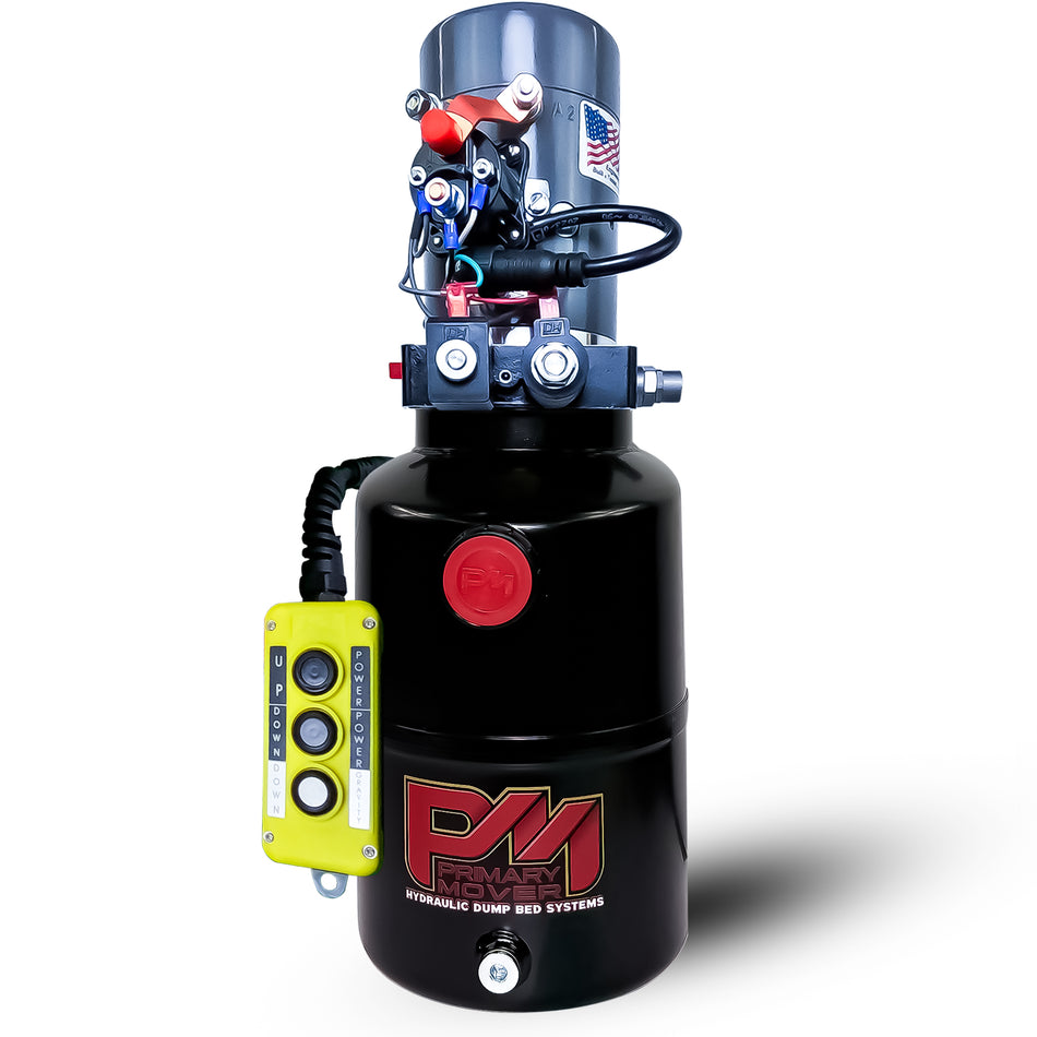 Close-up of the KTI 12V Double-Acting Hydraulic Pump with a steel reservoir, showcasing its robust design and dual-action functionality for efficient hydraulic dump bed systems.