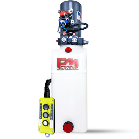 KTI 12V Double-Acting Hydraulic Pump - Poly Reservoir

Compact hydraulic pump with poly reservoir, featuring a yellow pendant control for dump bed systems. Ideal for efficient dual-action hydraulic operations.