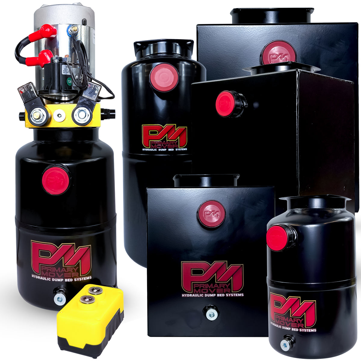 Primary Mover 12V Double-Acting Hydraulic Pump with red button and steel reservoir, ideal for hydraulic dump bed systems, ensuring efficient lift and descent.