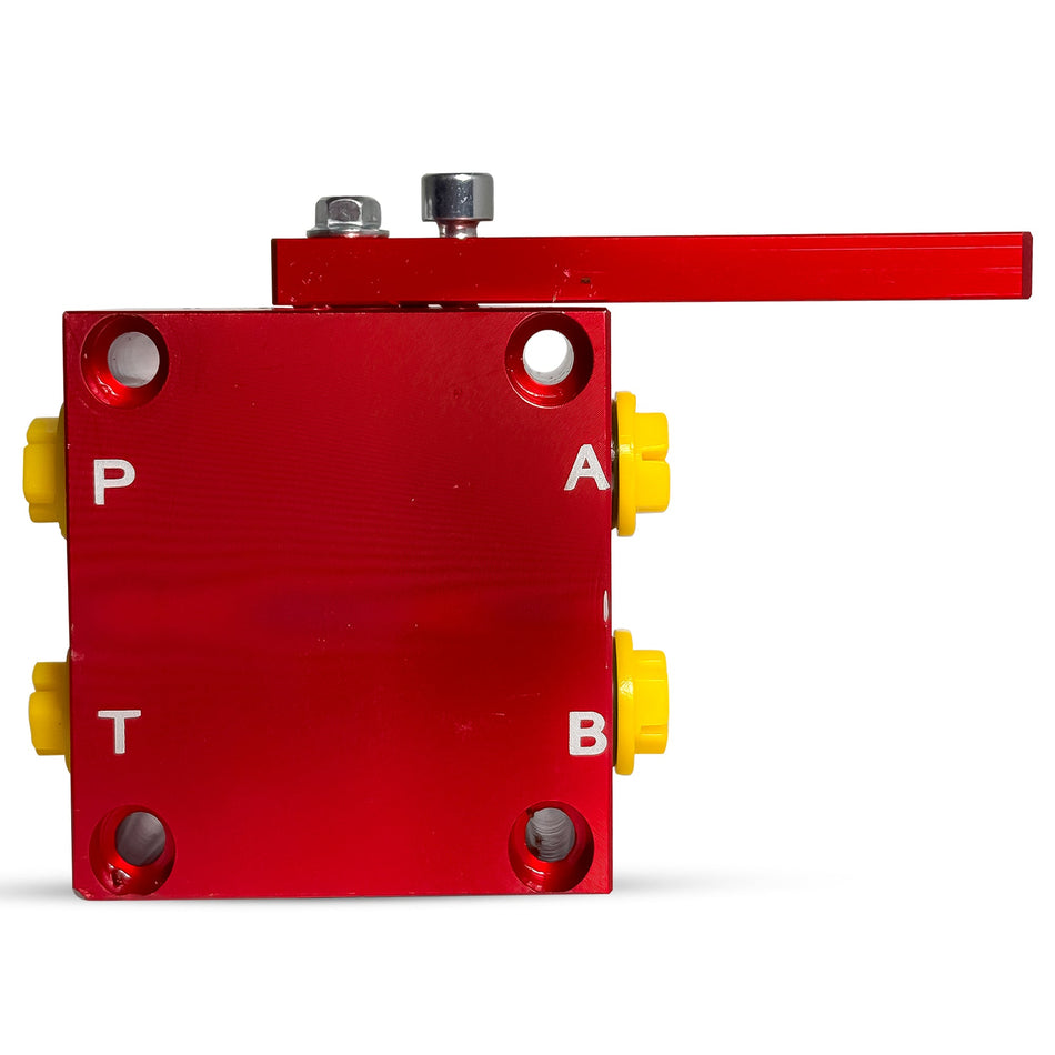 **Title:** X-Block Hydraulic Adapter Kit for Dual-Circuit Systems

**Meta Description:** Transform single-acting hydraulic units into dual-circuit systems for dump trailers with the X-Block Hydraulic Adapter Kit. Ideal for efficient hydraulic builds.

**Alt Text:** X-Block Hydraulic Adapter featuring red anodized blocks with labeled ports and yellow protective caps, designed to convert single-acting units into dual-circuit hydraulic systems.