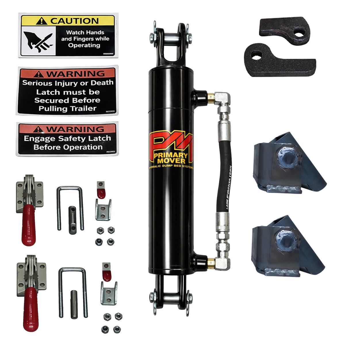 **Title:** Primary Mover Cushion Tilt Deck Hydraulic Kit  

**Alt Text:** Hydraulic kit with cylinder, brackets, latches, and warning decals for tilt deck trailers.  

**Meta Description:** Elevate trailer safety with the Primary Mover Cushion Tilt Deck Kit. Includes hydraulic cylinder, brackets, and latches for reliable equipment transport.