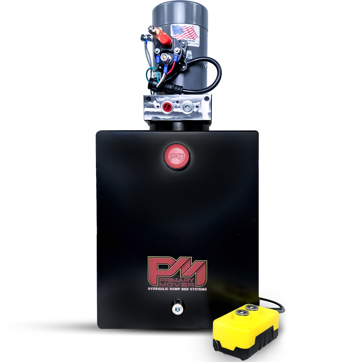 KTI 12V Single-Acting Hydraulic Pump - Steel Reservoir, featuring a compact design with visible control buttons, optimized for efficient dump bed system integration.