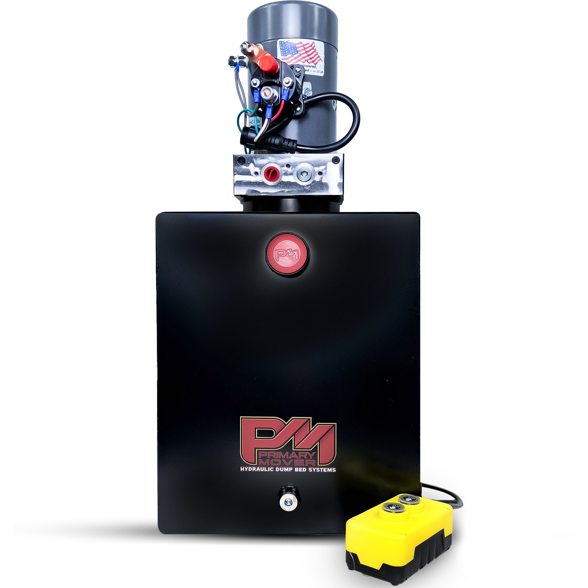 KTI 12V Single-Acting Hydraulic Pump - Steel Reservoir, featuring a compact design with visible control buttons, optimized for efficient dump bed system integration.