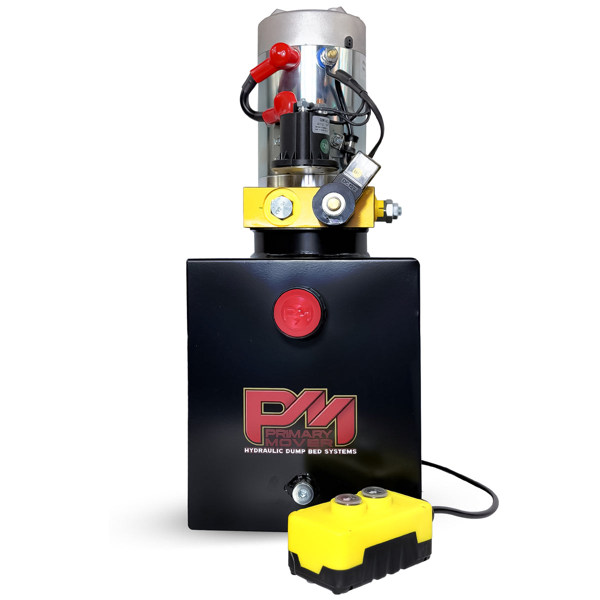 Primary Mover 12V Single-Acting Hydraulic Pump with steel reservoir, featuring a black box with red button, yellow handle, and visible power unit components.