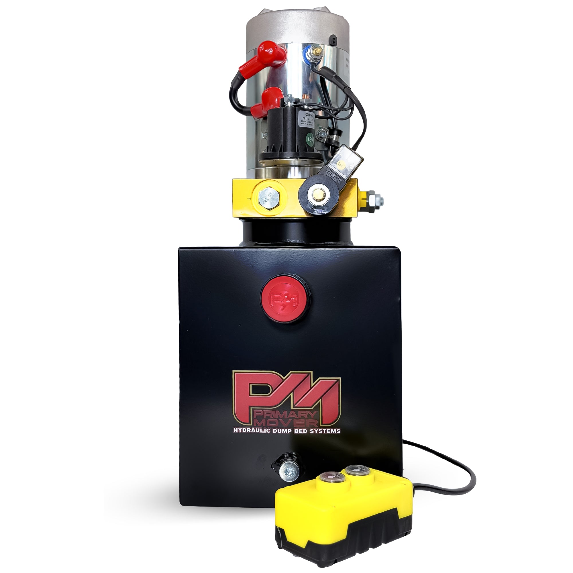 Primary Mover 12V Single-Acting Hydraulic Pump with steel reservoir, featuring a black box with red button, yellow handle, and visible power unit components.