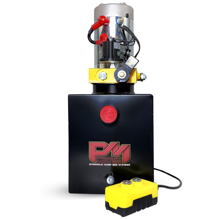 Primary Mover 12V Single-Acting Hydraulic Pump with steel reservoir, featuring a black box with red button, yellow handle, and visible power unit components.