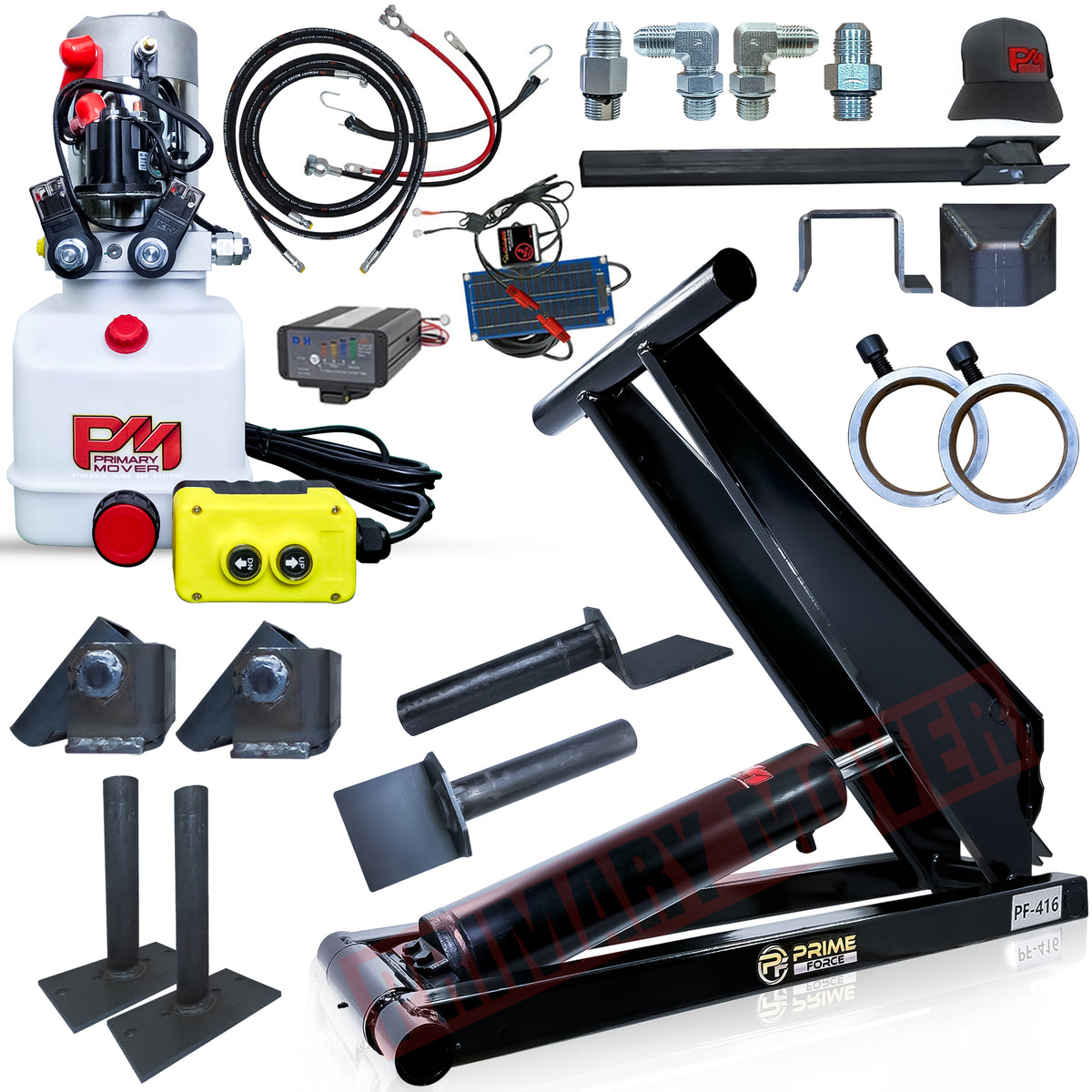 Collage showing components of the 6 Ton Hydraulic Scissor Hoist Kit PF-416, including metal parts, hydraulic cylinder, and wiring, designed for 10-14' dump trailers.