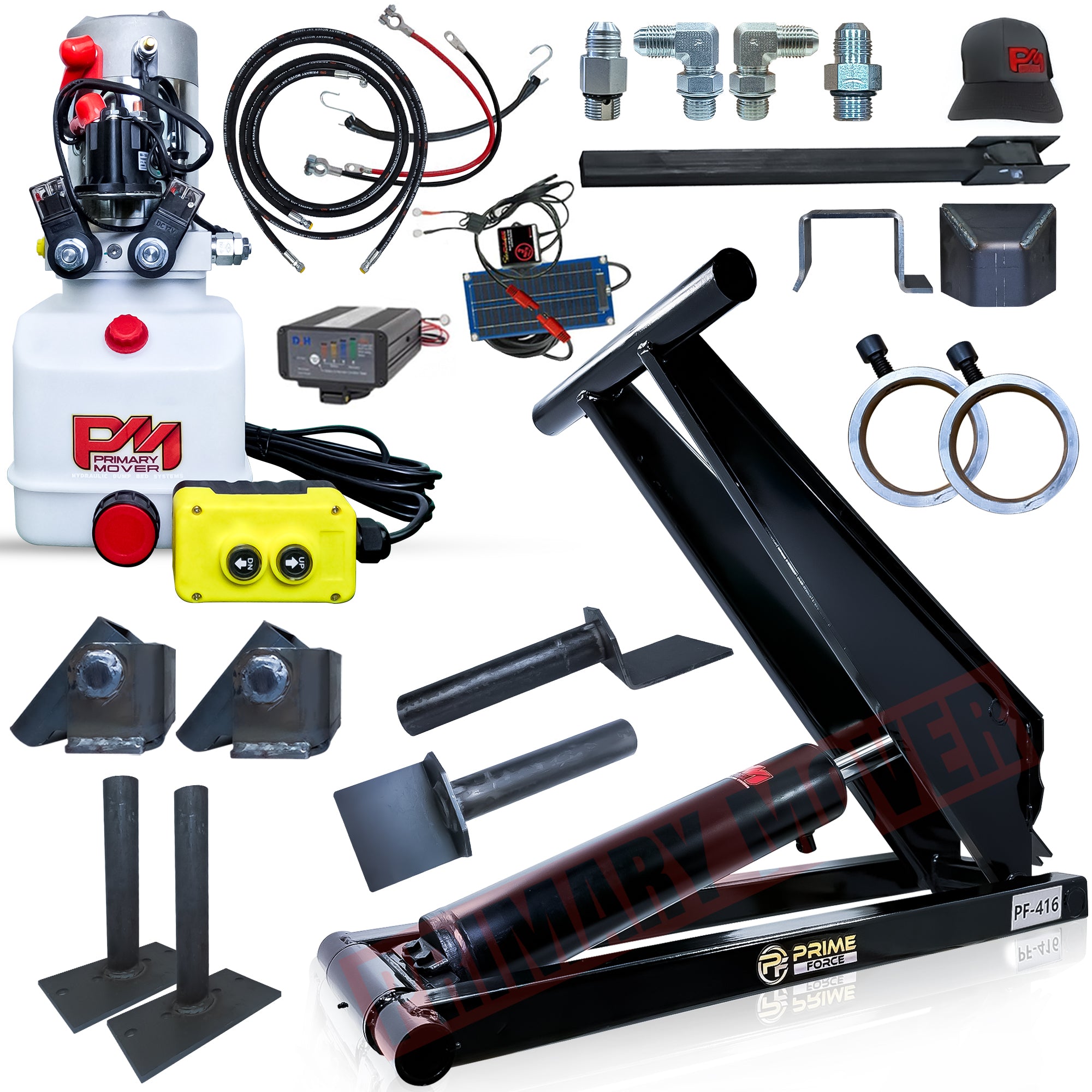 Collage showing components of the 6 Ton Hydraulic Scissor Hoist Kit PF-416, including metal parts, hydraulic cylinder, and wiring, designed for 10-14' dump trailers.
