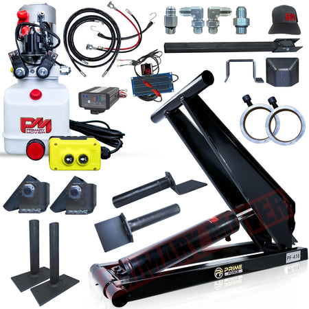 Collage showing components of the 6 Ton Hydraulic Scissor Hoist Kit PF-416, including metal parts, hydraulic cylinder, and wiring, designed for 10-14' dump trailers.