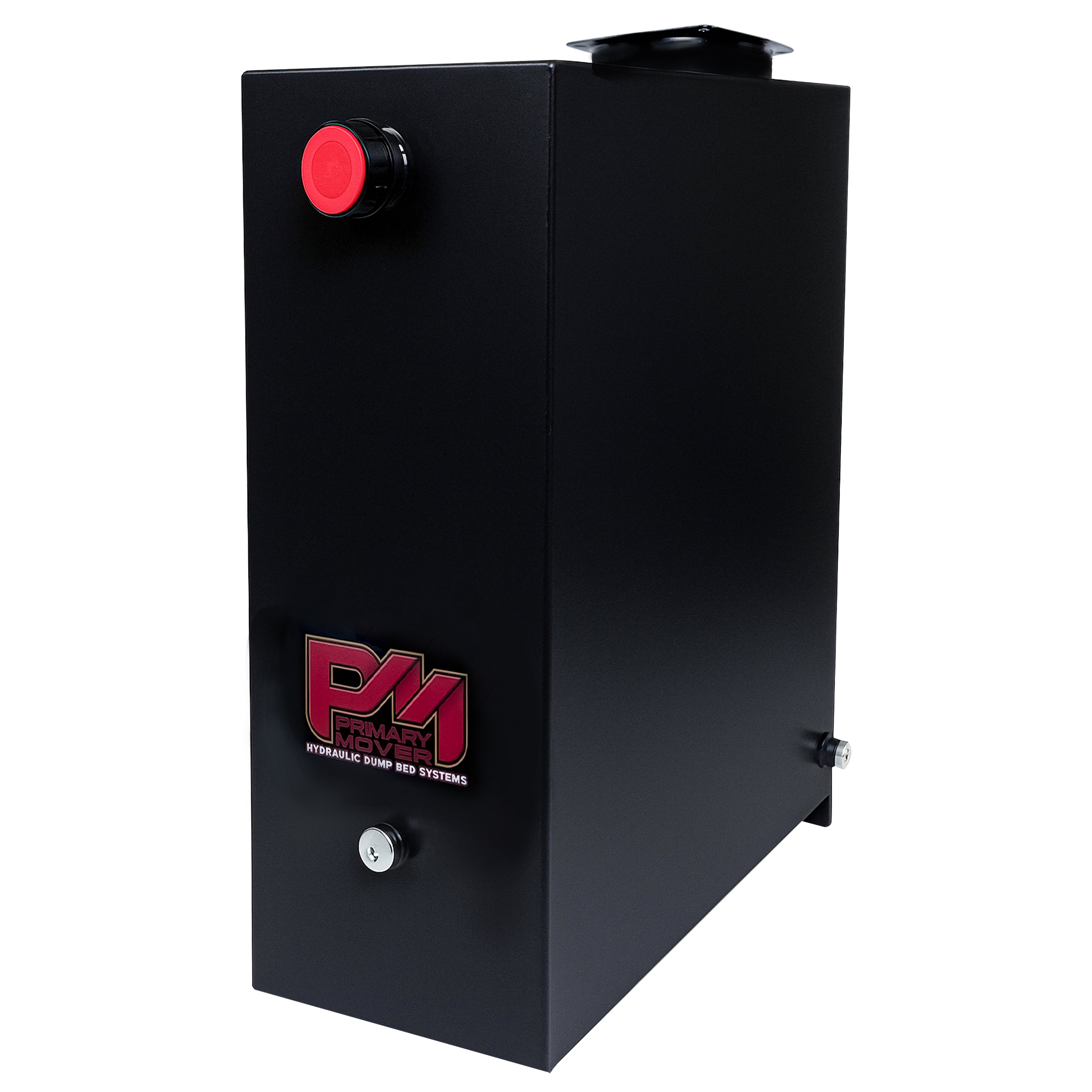 Hydraulic Power Unit Replacement Reservoir 40 Quart (10 Gallon) Steel, features a black rectangular box with a red button, showcasing robust steel construction and precision measurements.
