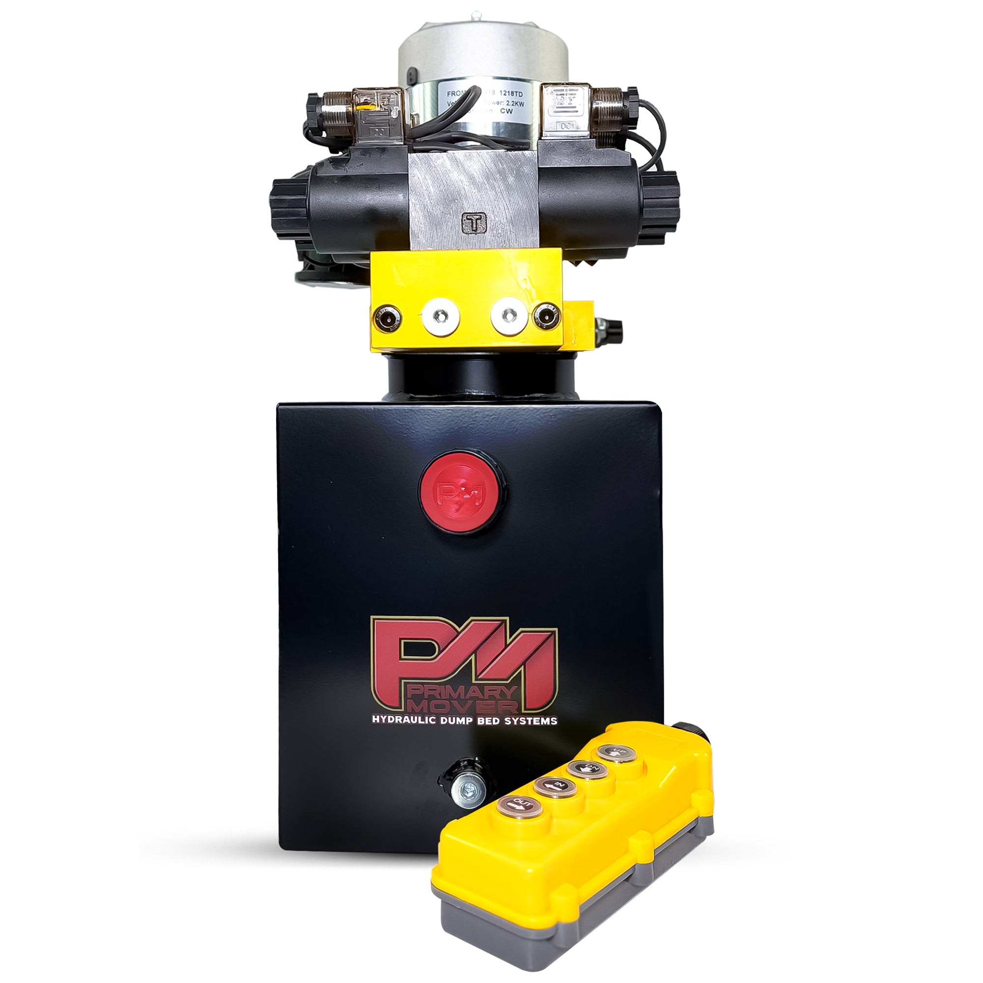 Primary Mover 12V Dual Double-Acting Hydraulic Dump Trailer Pump (Steel), compact and robust, designed for efficient hydraulic operations in dump trailers and trucks.